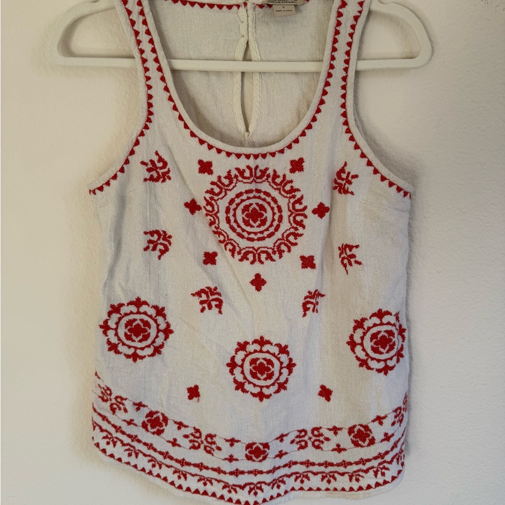 Lucky Brand Red Embroidered White Tank Top